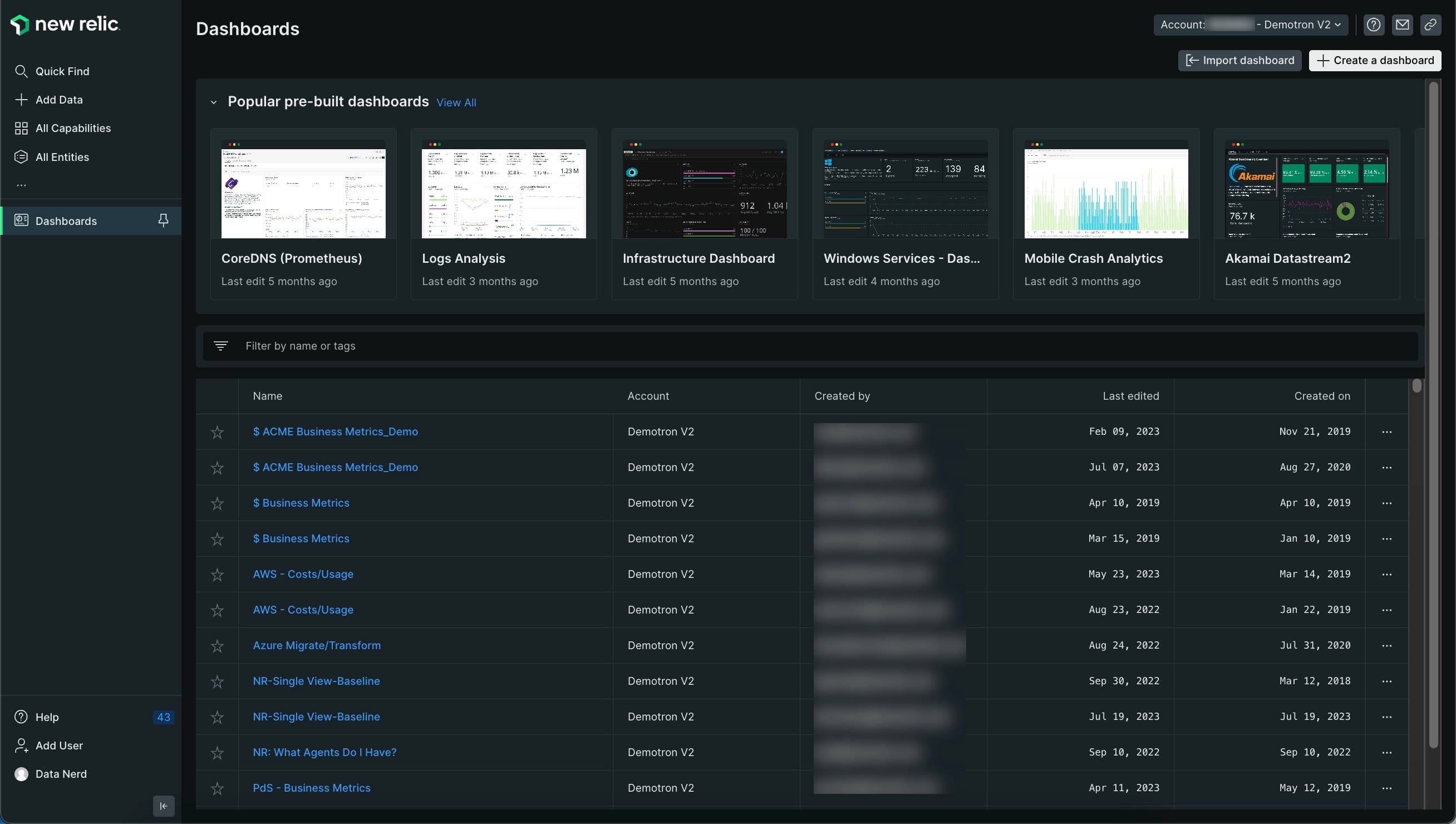 New Relic dashboards index